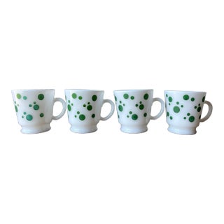 1950's Hazel Atlas Green Polka Dot Pattern Milk Glass Mugs/Cups- Set of 4 For Sale