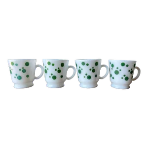 1950's Hazel Atlas Green Polka Dot Pattern Milk Glass Mugs/Cups- Set of 4