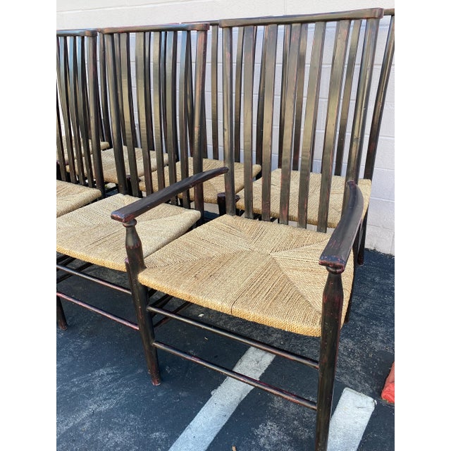 Set of 8 Dining Chairs: Tall Back Dessin Fournir Slat Back Black Hand Rubbed Ebonized Wood With Rush Seats. Set of 8 For Sale In Los Angeles - Image 6 of 12