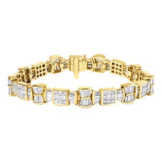 14K Yellow Gold 9 7/8 Cttw Princess and Baguette Diamond Bow and Box Link Tennis Bracelet (G-H Color, VS1-VS2 Clarity) - 7" Inches For Sale