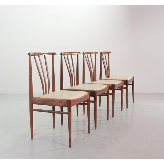 Scandinavian Wood Spindle Back Dining Chairs with Caramel Leatherette Upholstery, 1970s, Set of 4 For Sale - Image 12 of 16