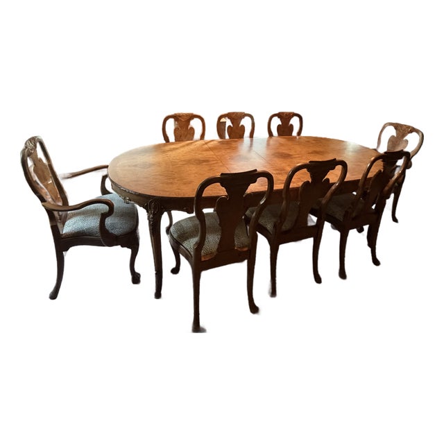 Vintage Romweber Burl Wood Dining Table and 10 Chairs For Sale