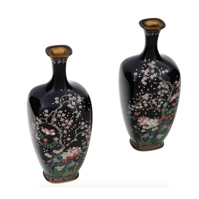 Late 19th Century Pair of Antique Meiji Japanese Cloisonne Silver Wire Enamel Vases Blossoming Garden With Cherry Blossom Tree For Sale - Image 5 of 8
