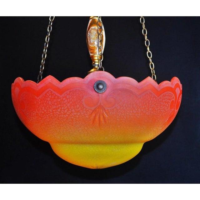 Art Deco Etched Glass Plafonnier with Bronze, Brass and Alabaster Fittings, 1930 For Sale - Image 3 of 13