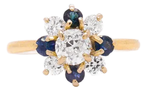 Vintage 14k Yellow Gold, Diamond, & Sapphire Flower or Snowflake Cocktail Ring