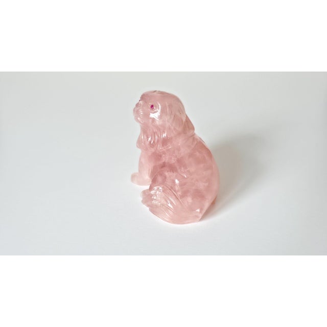 Asian Chinese Rose Quartz Dog Carving With Ruby Eyes, Mid-20th Century For Sale - Image 3 of 8