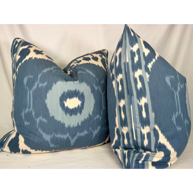 Transitional Schumacher "Samarkind Ikat Ii” in Porcelain 22" Pillows-a Pair For Sale - Image 3 of 4