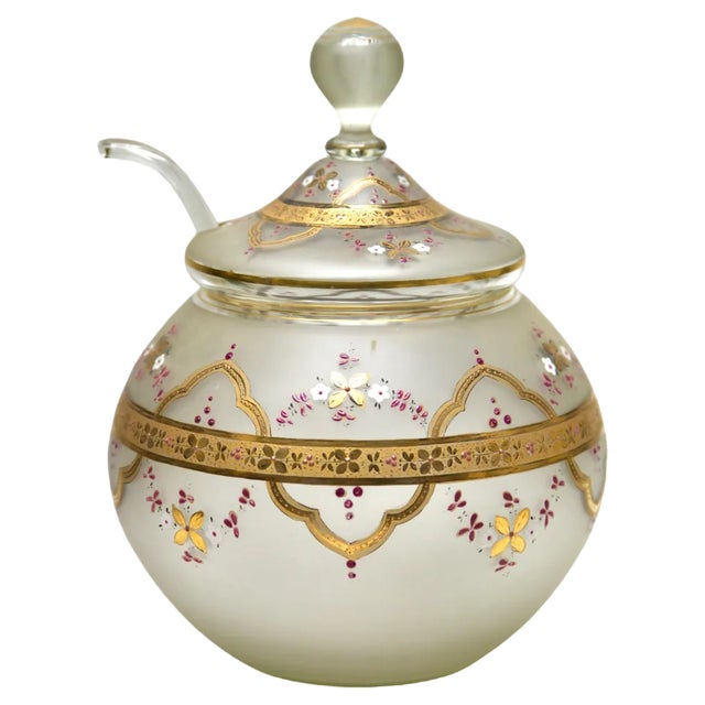 Bohemian Enameled Gilt Edge Satin Glass Punch Bowl with Lid and Spoon, 1900s, Set of 3 For Sale