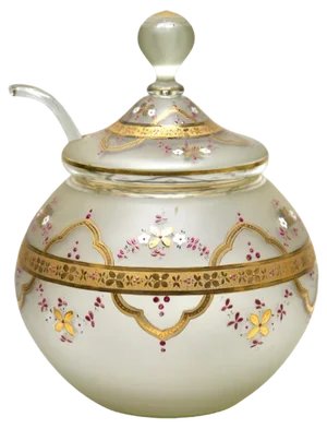 Bohemian Enameled Gilt Edge Satin Glass Punch Bowl with Lid and Spoon, 1900s, Set of 3