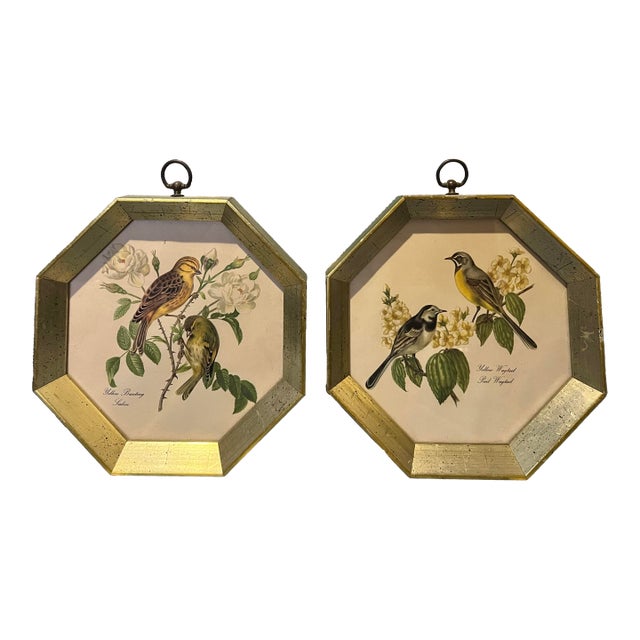 Vintage Pair of Bird Prints in Octogon Shaped Frame -2 For Sale