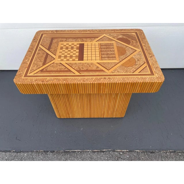 1970s 1970s Bamboo Dowel and Geometric Wood Inlay Occasional Side Table For Sale - Image 5 of 5