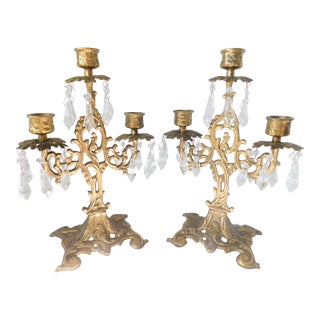 Bronze and Faceted Crystal Drop Three Sleeve Vintage Candelabras/Candleholders - a Pair For Sale
