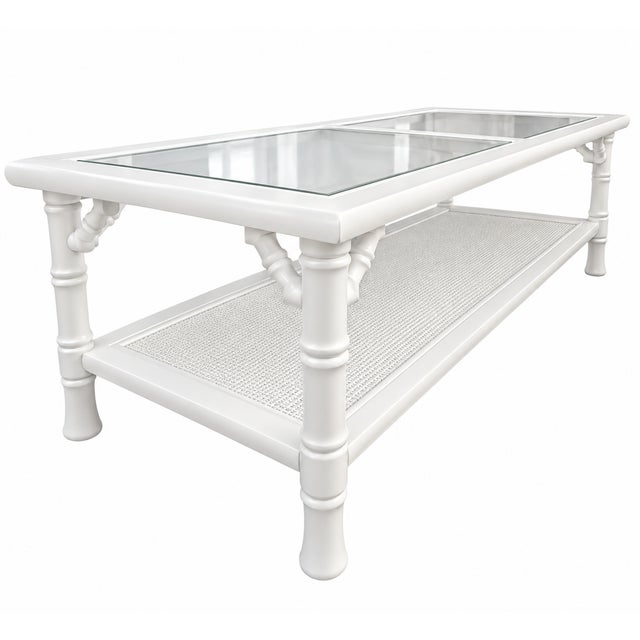 Vintage Faux Bamboo Glass Top Coffee Table in Super White Satin For Sale - Image 4 of 12