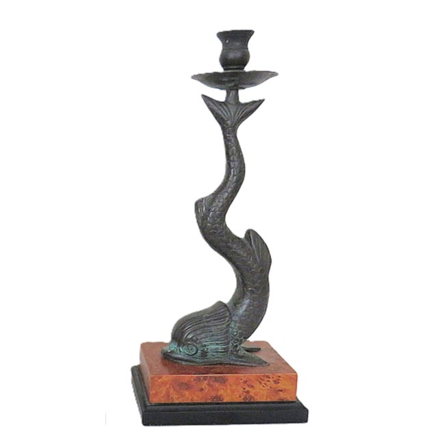 Chinoiserie Pair of Bronze Dolphin Candlesticks Candle Holders 15 1/2" Coastal For Sale - Image 3 of 5