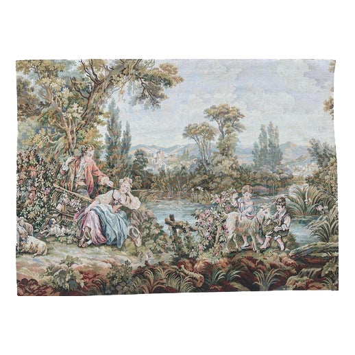 Vintage French Jacquard Pastoral Loves Tapestry in the style of Aubusson, 1950s For Sale