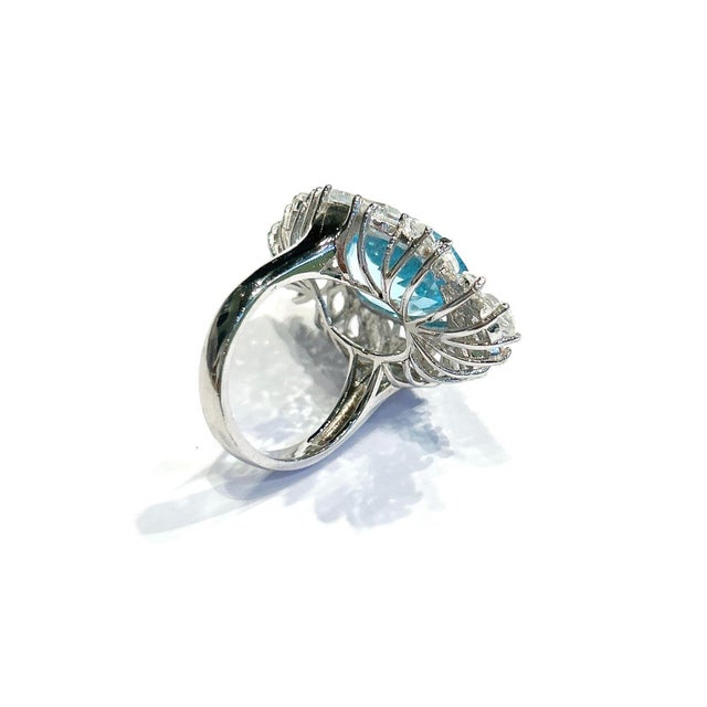 Vintage Classic Italian Bochic "Capri" Blue Topaz and White Topaz Ring Set In 18K White Gold & Silver Natural Blue Topaz,...