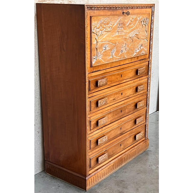 Spanish Fall-Front Secretary Desk in Carved Oak, Spain, circa 1950 For Sale - Image 18 of 18