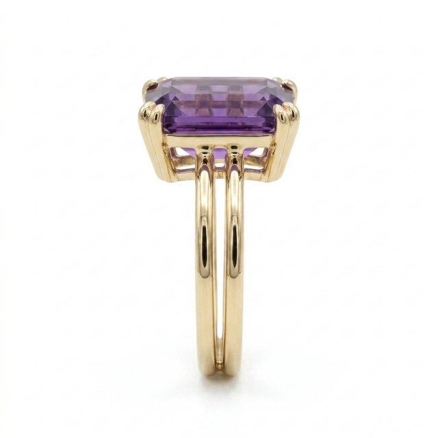 Not Yet Made - Made To Order 14k Yellow Gold Plated Emerald-Cut Amethyst Statement Ring – Double Band Solitaire Ring, Size 7 For Sale - Image 5 of 6