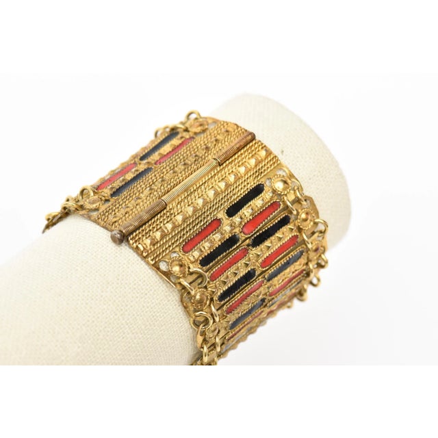 1950's Grecian Gold Plated Metal With Red and Black Enamel Cuff Bracelet For Sale - Image 9 of 10