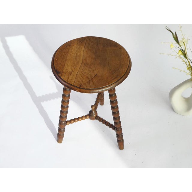Wood Antique French Round Wooden Bobbin Side Table or Stool, 1920s For Sale - Image 7 of 10