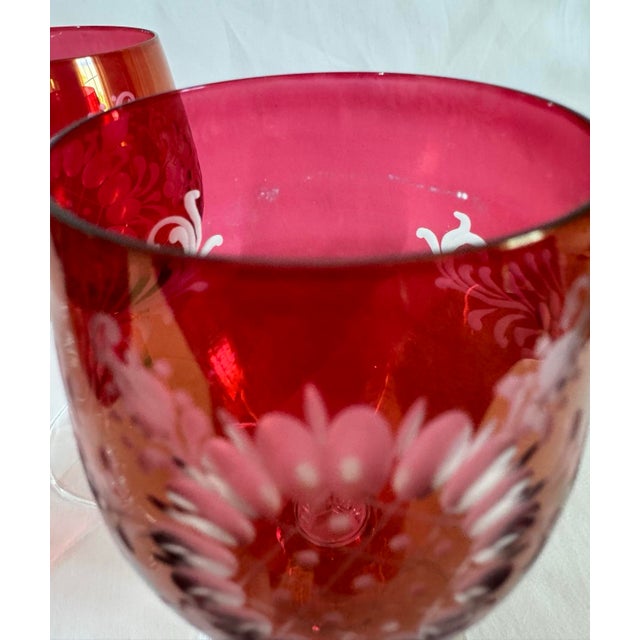 Late 19th Century Bohemian Floral Etched Cranberry Iridescent Glass Goblets, Set of 6 For Sale - Image 11 of 12