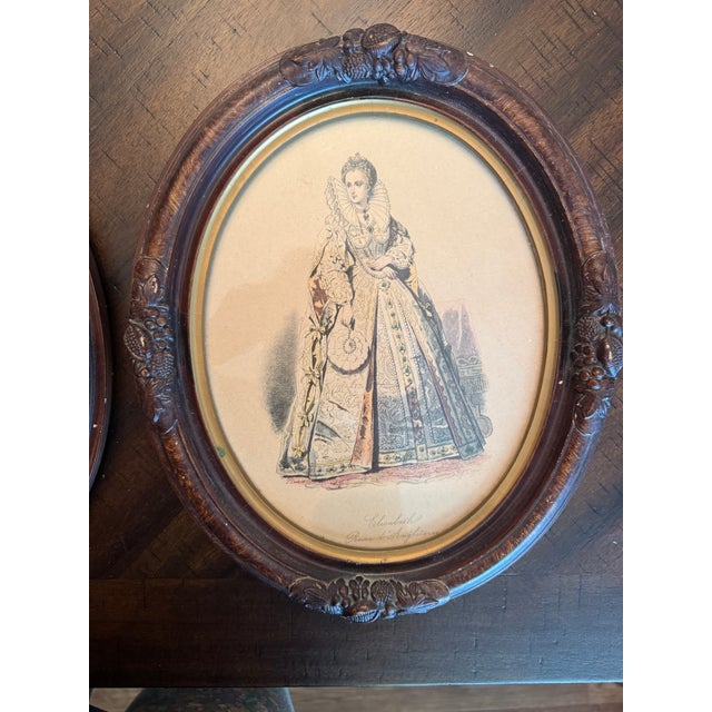 Pair of Vintage Framed French Historical Costume Prints After Hippolyte Paquet Carved Oval Wood Frames European Fashion Illustrations For Sale - Image 10 of 12
