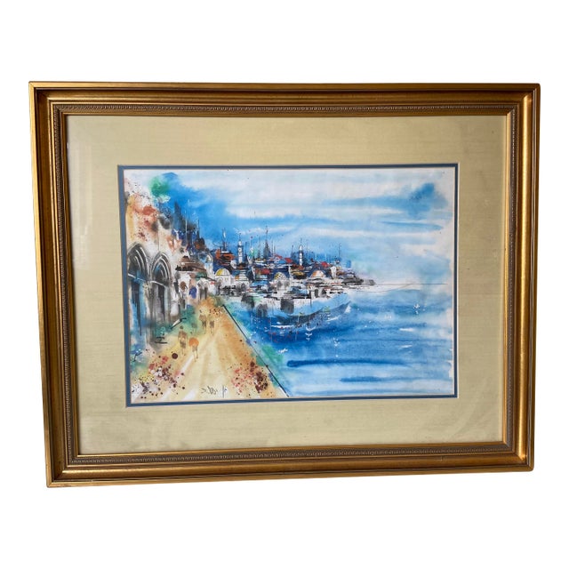 Vintage City and Seaside Watercolor Framed Original Signed Painting For Sale