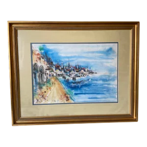 Vintage City and Seaside Watercolor Framed Original Signed Painting