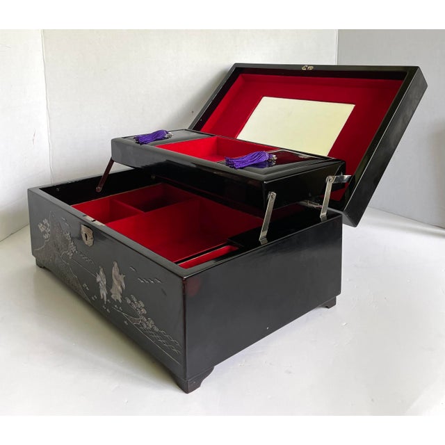 Vintage Black Lacquer Asian Jewelry Box With Mother of Pearl Inlay For Sale - Image 12 of 12