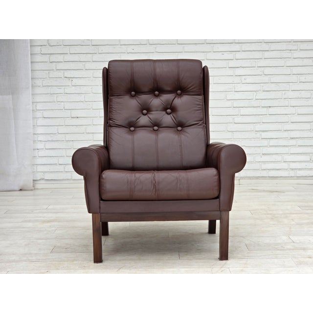 Brown Danish Armchair in Brown Furniture Leather, 1970s For Sale - Image 8 of 18