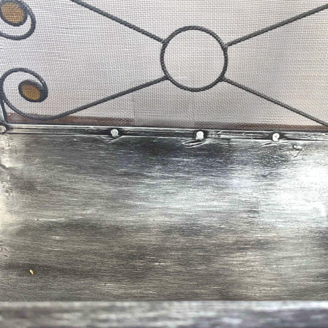 Art Deco Style Silver Toned Metal Mesh Firewood Holder Scrolling Metal Amber Glass Medallions For Sale In Palm Springs - Image 6 of 9