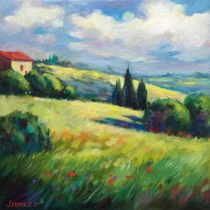 Original Landscape on Canvas Tuscany Italy Field Painting by Valeriya Serova