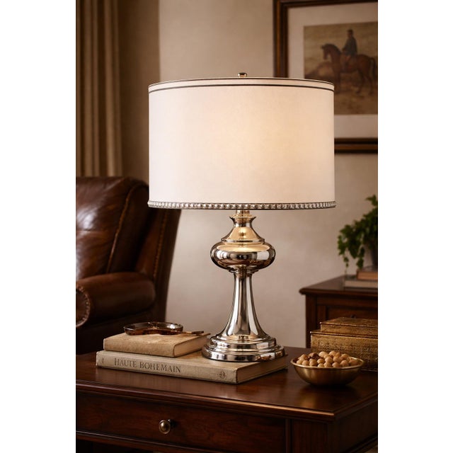 Late 20th Century Late 20th Century Ralph Lauren Polished Metal Table Lamp With Linen Drum Shade For Sale - Image 5 of 8