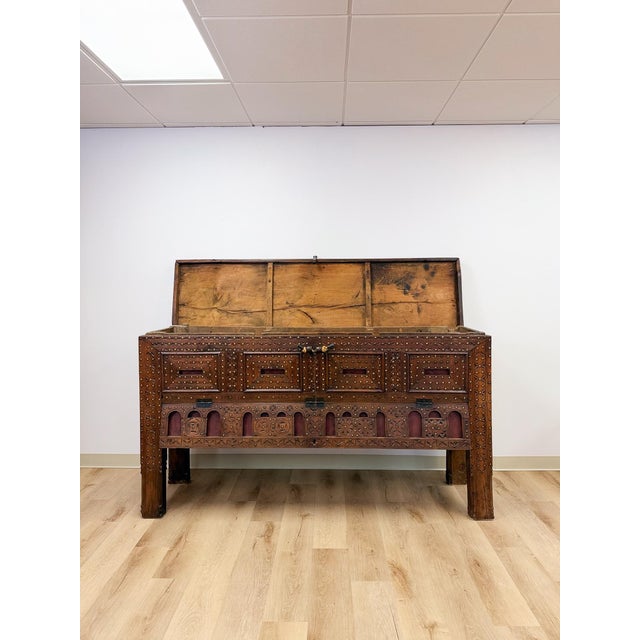 Antique Indian Dowry Chest 19th Century Brass Studs Iron Medieval Style Console For Sale - Image 10 of 12