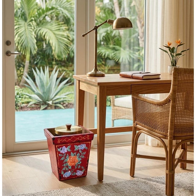 Wood Vintage Balinese Hand-Painted Wood Cachepot or Trash Can For Sale - Image 7 of 7