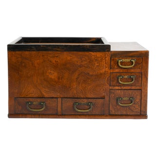 Japanese Burlwood Hibachi With Drawers and Copper Liner, Meiji-Style For Sale