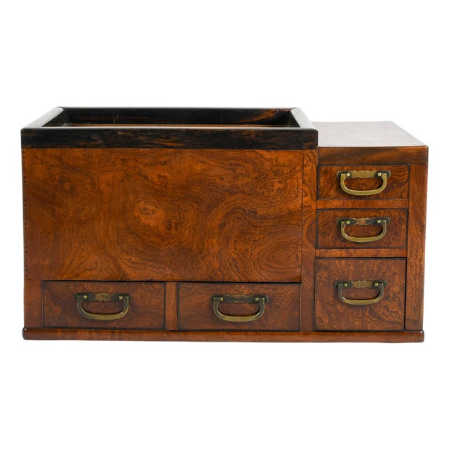 Japanese Burlwood Hibachi With Drawers and Copper Liner, Meiji-Style For Sale