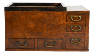 Japanese Burlwood Hibachi With Drawers and Copper Liner, Meiji-Style