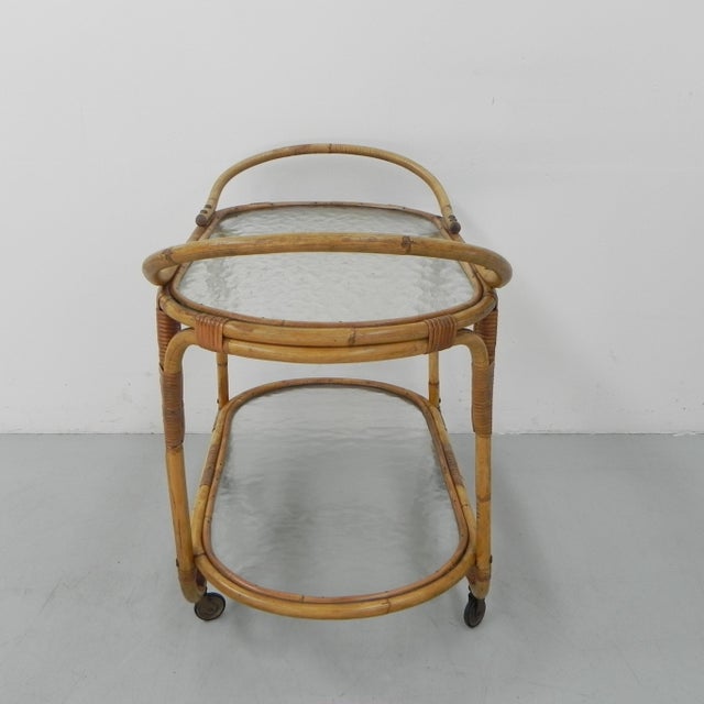 Bamboo Rattan Serving Trolley on Castors, 1950s For Sale - Image 10 of 18