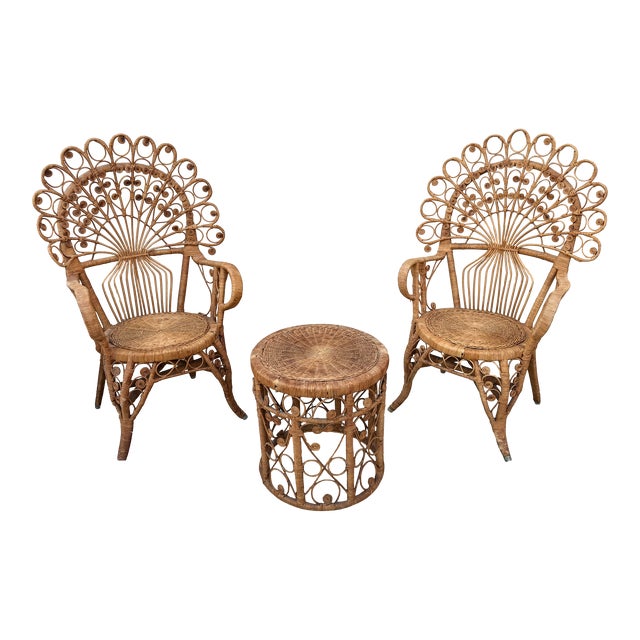 1970's Natural Wicker Peacock Chairs With Stool- Set of 3 For Sale