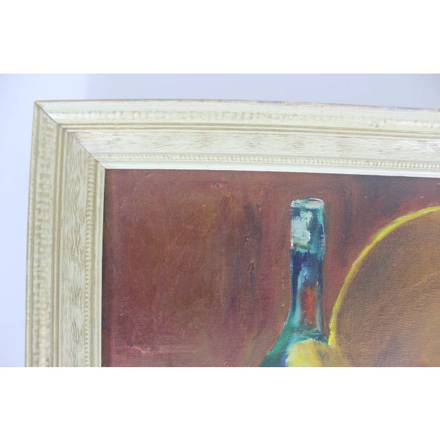 Wood Vintage Oil Painting Still Life With Fruit and Wine Carafe Colorful Colourful, Signed Original Art, Framed Mid Century Modern, Boho For Sale - Image 7 of 10