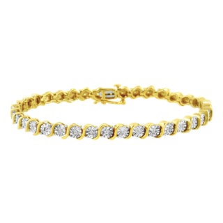14K Yellow Gold Plated .925 Sterling Silver 1/4 Cttw Diamond Round Miracle Plate and "S" Link Tennis Bracelet - 7" For Sale