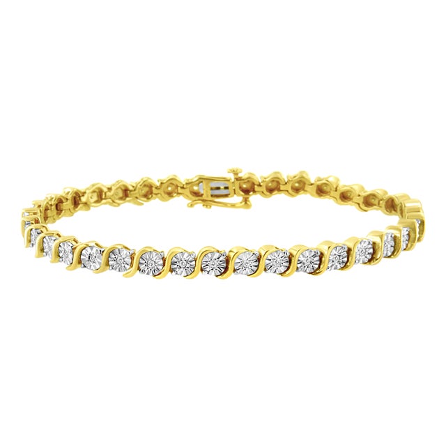 14K Yellow Gold Plated .925 Sterling Silver 1/4 Cttw Diamond Round Miracle Plate and "S" Link Tennis Bracelet - 7" For Sale