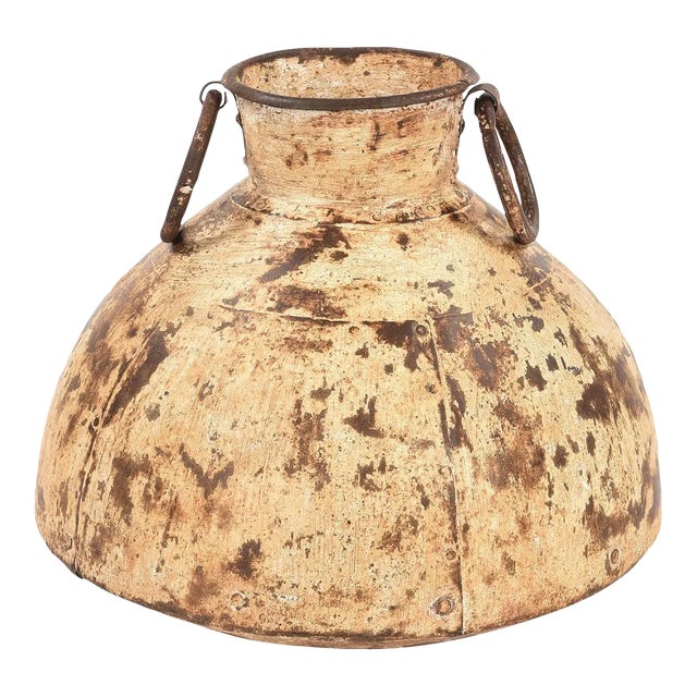 Rustic Vintage Large Metal Matka Vase With Ring Handles For Sale