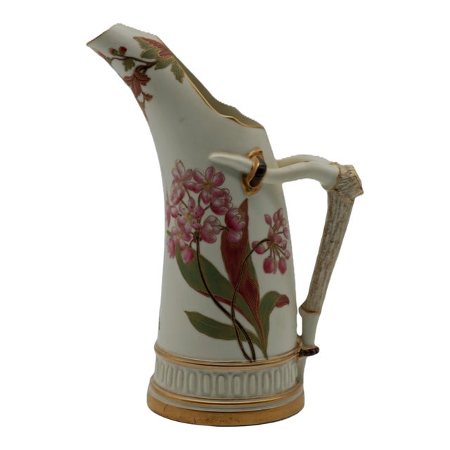 Antique Royal Worcester Blush Ivory Ewer With Hand-Painted Florals and Antler-Form Handle For Sale