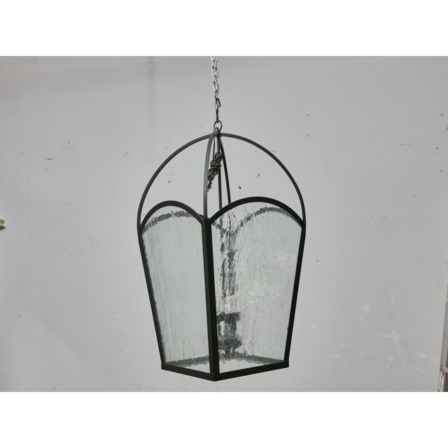 Black Pair of Large French 1900s Iron Lanterns with Rippled Glass, Rewired for USA For Sale - Image 8 of 12