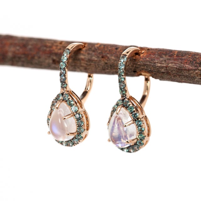 Contemporary Aaa Rainbow Moonstone and Alexandrite Earrings in 14k Rose Gold | Pear 9.7x6.5mm- Set of 2 For Sale - Image 3 of 7