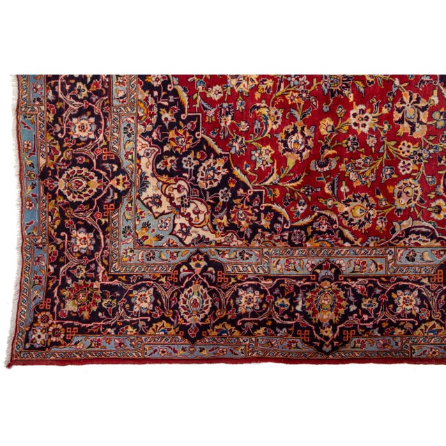 Persian Handmade Room Size Vintage Kashan Wool Rug in Red For Sale - Image 3 of 7