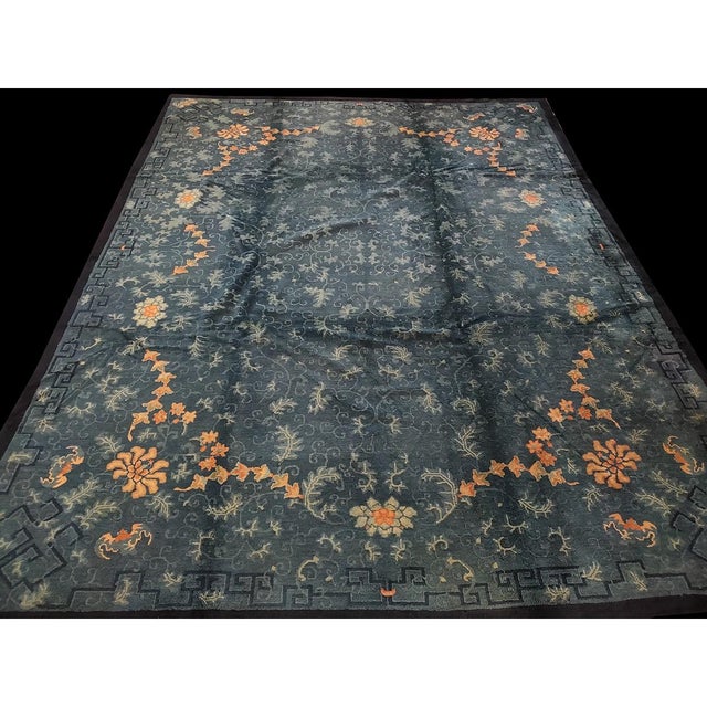 Room Size Blue Chinese Knotted 1890s Antique Wool Rectangle - Peking Rug, Circa Date: 1890s. This exceptional late Qing...