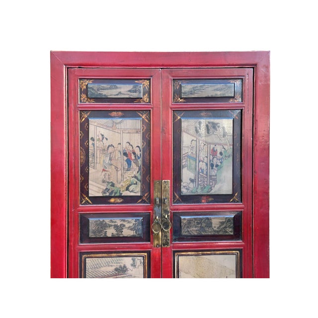 1970s Vintage Oriental Red Beige People Scenery Graphic Storage Cabinet For Sale - Image 5 of 14